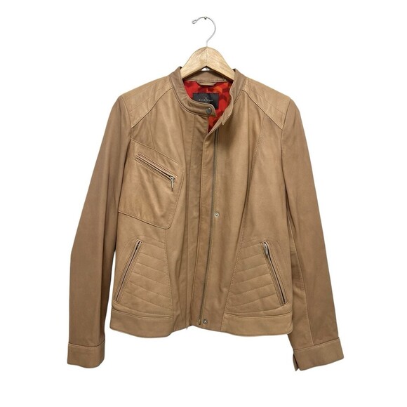 Cole Haan Lamb Leather Moto Jacket Zip Front Collarless Tan Nude Brown Women’s M - Picture 12 of 12